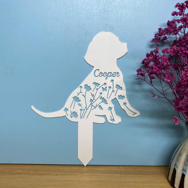 Custom Name Beagle Dog Memorial Metal Garden Stake, Personalized Floral Dog Memorial Stake, Dog Loss Metal Grave Marker, Dog Sympathy Metal Yard Sign