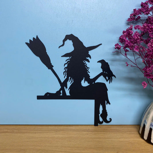 Witch With Raven And Broomstick Metal Door Topper, Wicked Witch Metal Door Corner Sign Halloween Decor, Halloween Door Corner Metal Hanging Sign
