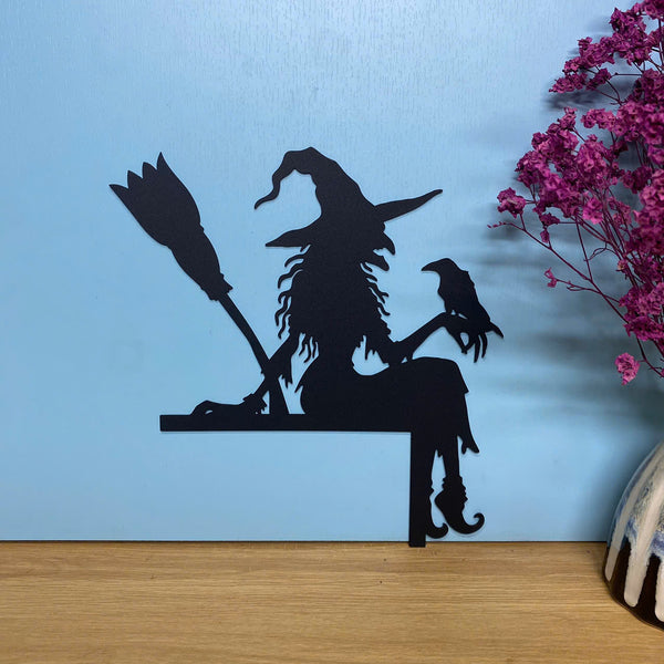 Witch With Raven And Broomstick Metal Door Topper, Wicked Witch Metal Door Corner Sign Halloween Decor, Halloween Door Corner Metal Hanging Sign