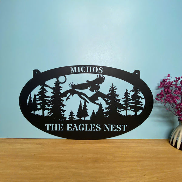 Personalized Mountain Eagle Metal Wall Art, Custom Family Name Mountain Forest Metal Sign, Eagle Monogram Metal Sign, Welcome Cabin Outdoor Metal Sign