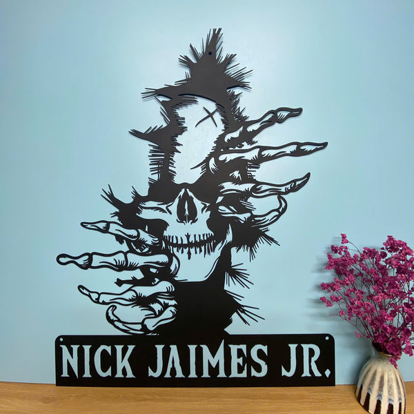 Custom Skull In The Wall Metal Wall Art, Skeleton Coming Out Metal Wall Sign Decor, Horror Skull Halloween Sign, Skeleton Wall Metal Name Sign