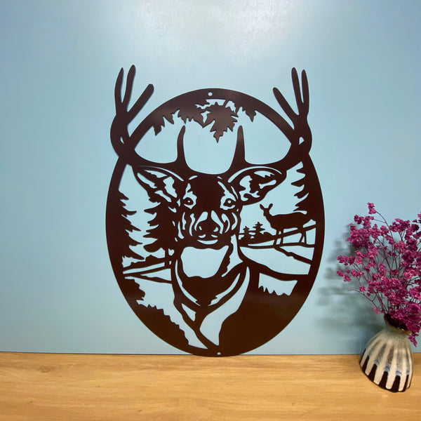Deer In Forest Metal Sign Wall Art, Wild Deer Metal Wall Hanging Decor, Deer Hunting Metal Cabin Sign, Wild Animal Hunting Man Cave Metal Name Sign