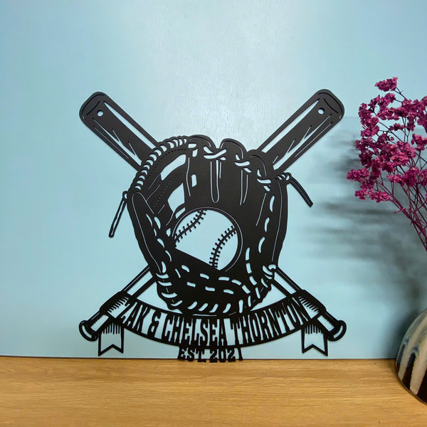 Custom Baseball Bat Gloves Ball Metal Wall Art, Personalized Baseball Player Metal Name Sign, Softball Team Metal Sign, Baseball Club Metal Home Decor