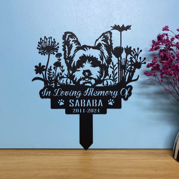Personalized Yorkshire Terrier Dog Memorial Metal Stake, Custom Yorkie Dog With Flowers Metal Yard Stake, Pet Loss Grave Marker, Dog Remembrance Stake