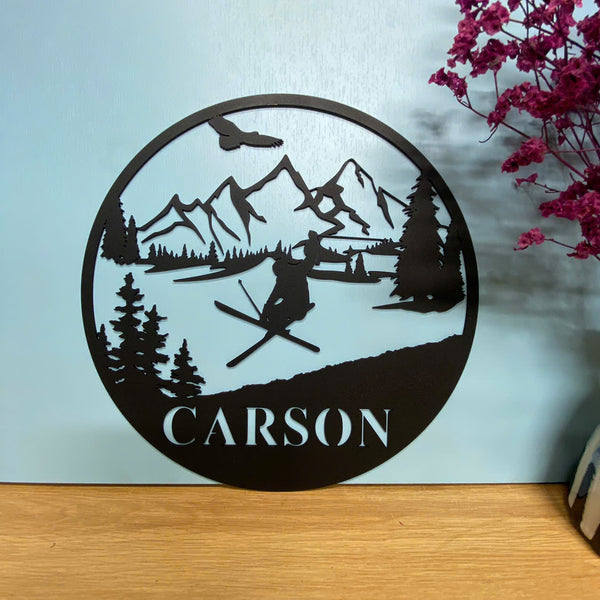 Personalized Mountain Skiing Metal Wall Art, Snowboarding Metal Name Sign, Snow Winter Sport Metal Sign, Skiing Sport Man Cave Metal Wall Hanging