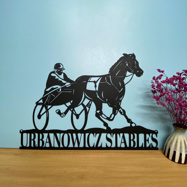 Custom Name Harness Racing Metal Sign, Personalized Horse Metal Farm Sign, Harness Racing Horse Metal Sign, Horse Racing Man Cave Metal Wall Sign