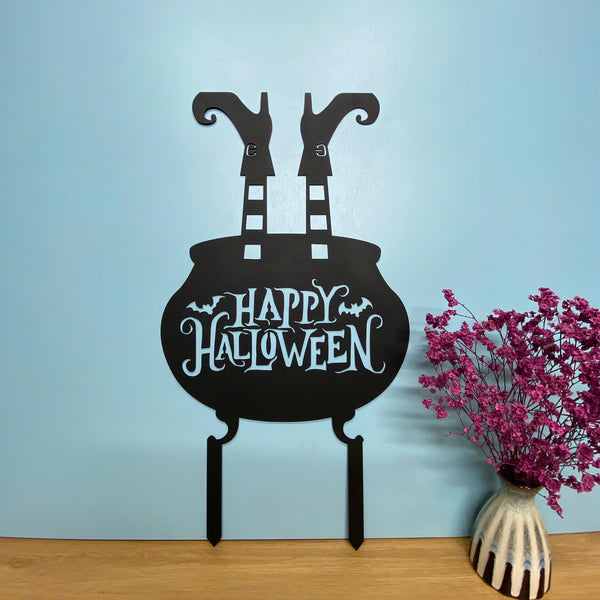 Happy Halloween Cauldron With Upside Down Witch Legs Metal Stake, Spooky Halloween Metal Yard Sign, Halloween Metal Garden Sign Outdoor Decor