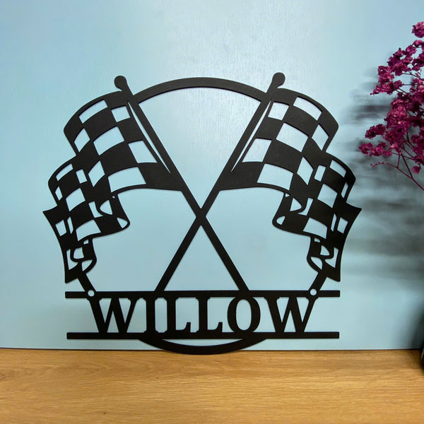 Personalized Racing Flag Metal Wall Sign, Checkered Racing Flag Metal Sign, Car Racing Man Cave Garage Metal Sign, Checkered Flag Metal Wall Hanging