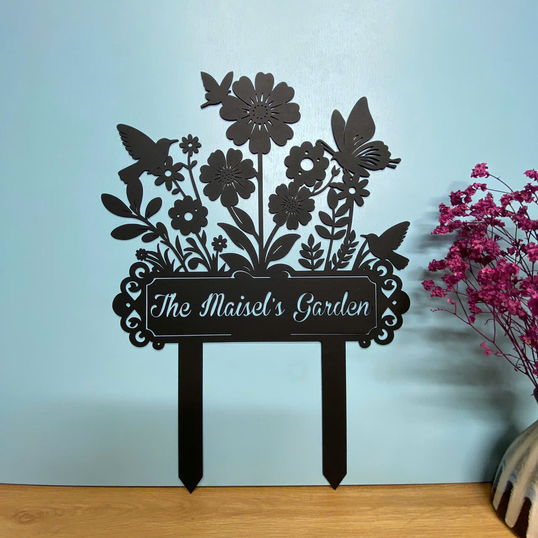 Custom Hummingbird Flower Garden Metal Stake, Personalized Flower Garden Metal Yard Sign, Butterfly Flowers Garden Metal Sign Outdoor Decor