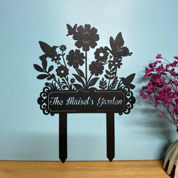 Custom Hummingbird Flower Garden Metal Stake, Personalized Flower Garden Metal Yard Sign, Butterfly Flowers Garden Metal Sign Outdoor Decor