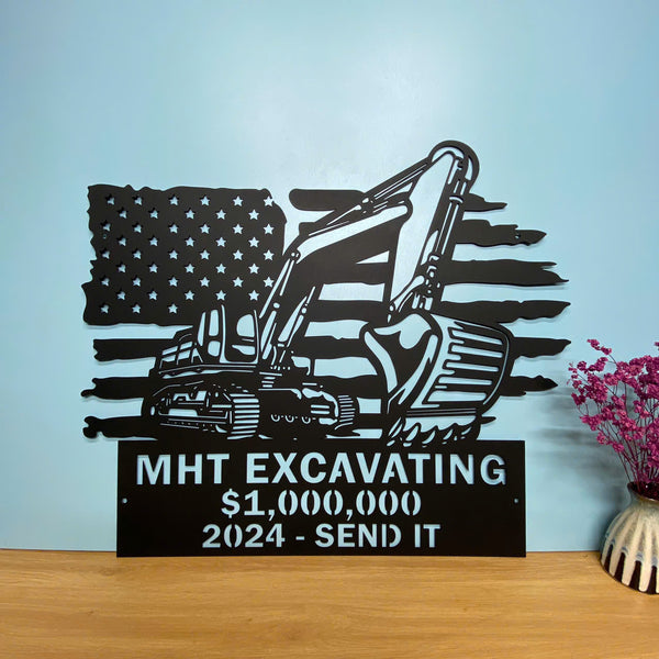 Custom Us Flag Excavator Truck Metal Wall Art, Personalized Excavator Driver Metal Name Sign, Construction Excavator Metal Sign, Heavy Equipment Sign