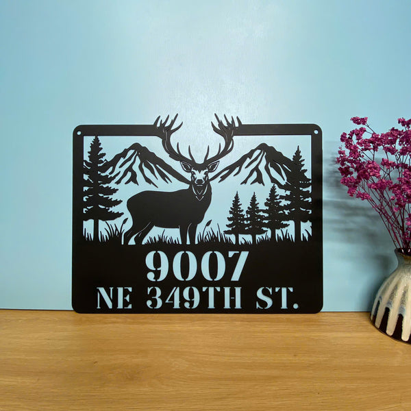 Personalized Mountain Wild Deer House Number Metal Sign, Custom Forest Deer Address Metal Wall Hanging Sign, Deer Outdoor Cabin House Address Sign