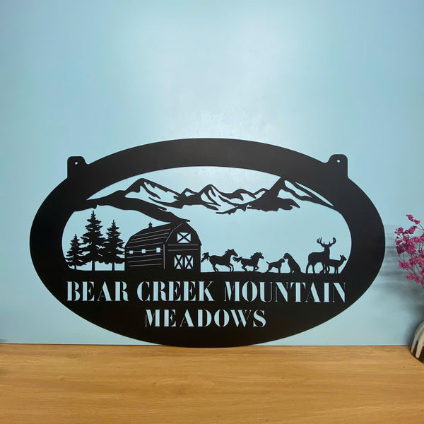 Personalized Mountain Farm Barn Metal Sign, Custom Family Name Metal Farm Sign, Mountain Cabin Farmville Metal Sign, Custom Metal Farm Animal Sign