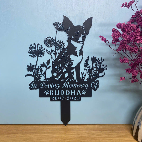 Personalized Floral Chihuahua Dog Memorial Garden Stake, In Loving Memory Of Dog Metal Yard Sign, Pet Loss Metal Grave Marker, Dog Remembrance Stake