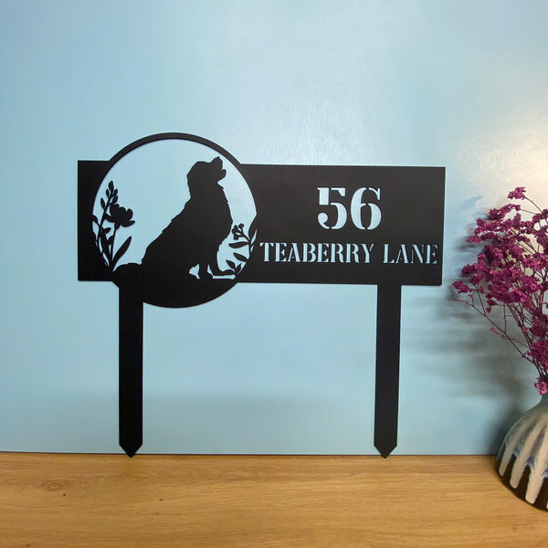 Custom Golden Retriever Dog Metal Address Metal Stake, Personalized Dog Address House Number Yard Sign, Metal Address Lawn Garden Sign With Stake