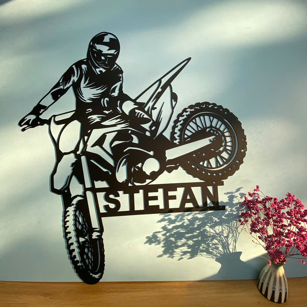 Custom Name Motocross Biker Metal Wall Art, Dirt Bike Garage Metal Sign, Personalized Biker Metal Name Sign, Motorcycle Garage Man Cave Metal Sign