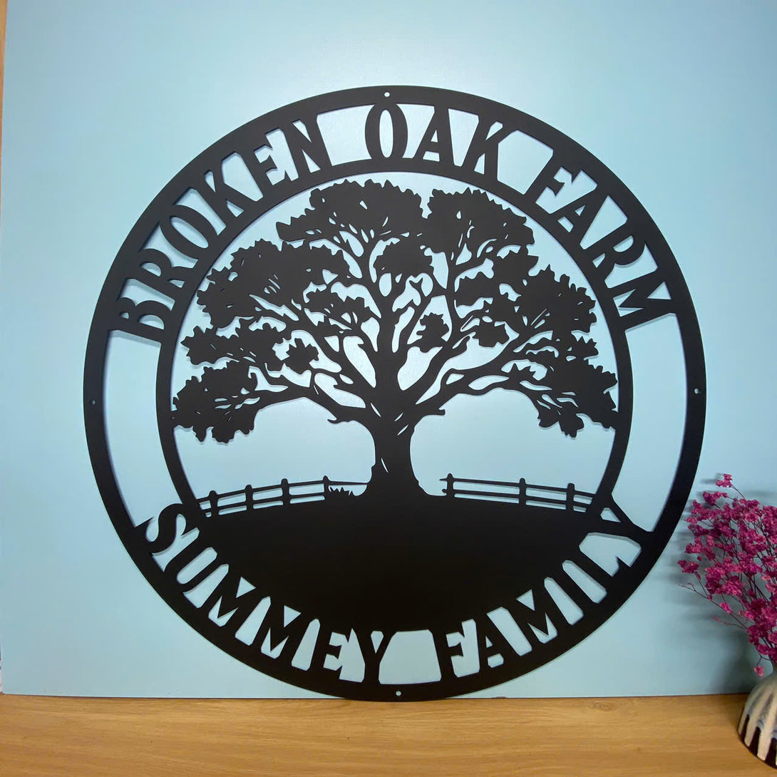 Custom Oak Tree Metal Sign, Personalized Metal Oak Tree Family Name Signs, Oak Tree Monogram Round Metal Sign, Oak Tree Metal Wall Art Decor