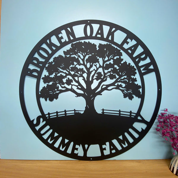 Custom Oak Tree Metal Sign, Personalized Metal Oak Tree Family Name Signs, Oak Tree Monogram Round Metal Sign, Oak Tree Metal Wall Art Decor