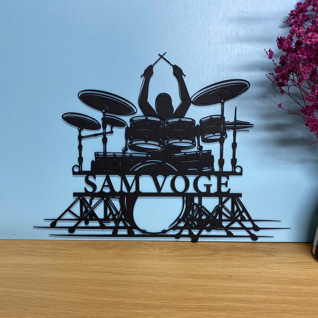 Custom Name Drummer Metal Sign, Personalized Drum Set Metal Wall Art, Drum Musical Instrument Rock Music Band Sign, Drum Set Metal Wall Decor