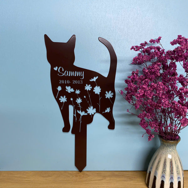 Personalized Floral Cat Memorial Metal Plaque With Stake, Cat Loss Metal Yard Sign, Custom Cat Metal Grave Marker Garden Stake, Cat Remembrance Stake