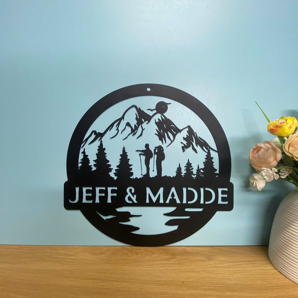 Personalized Mountain Hiking Couple Metal Wall Art, Custom Name Hiking Metal Sign, Hiking Great Outdoor Metal Sign, Hiking In Woods Metal Cabin Sign