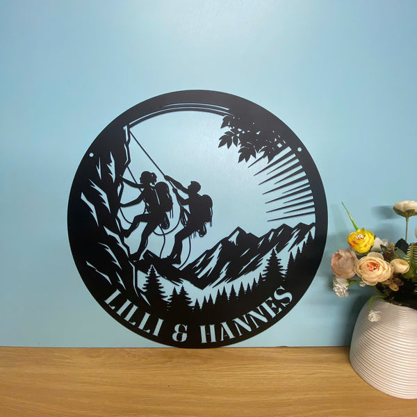 Custom Mountain Climbing Monogram Metal Wall Art, Personalized Rock Climbing Metal Name Sign, Mountain Climbing Man Cave Metal Wall Sign Decor
