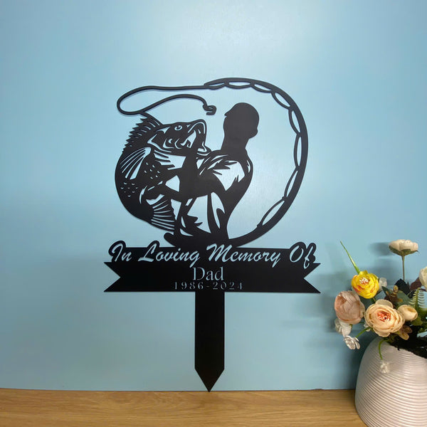 Personalized Fisherman Memorial Metal Sign With Stake, Fisher Loss Metal Grave Marker, In Loving Memory Of Fisher Metal Stake, Fisherman Sympathy Sign