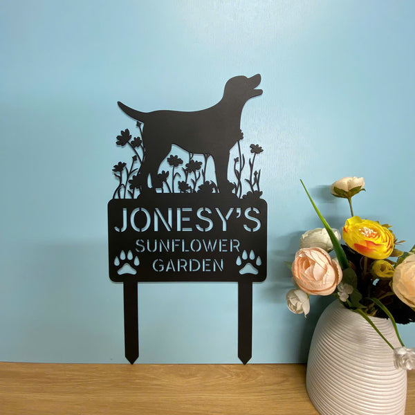 Custom Dog With Flower Metal Garden Stake, Personalized Dog In Garden Metal Plaque With Stake, Dog Metal Yard Sign, Pet Loss Grave Marker Garden Sign