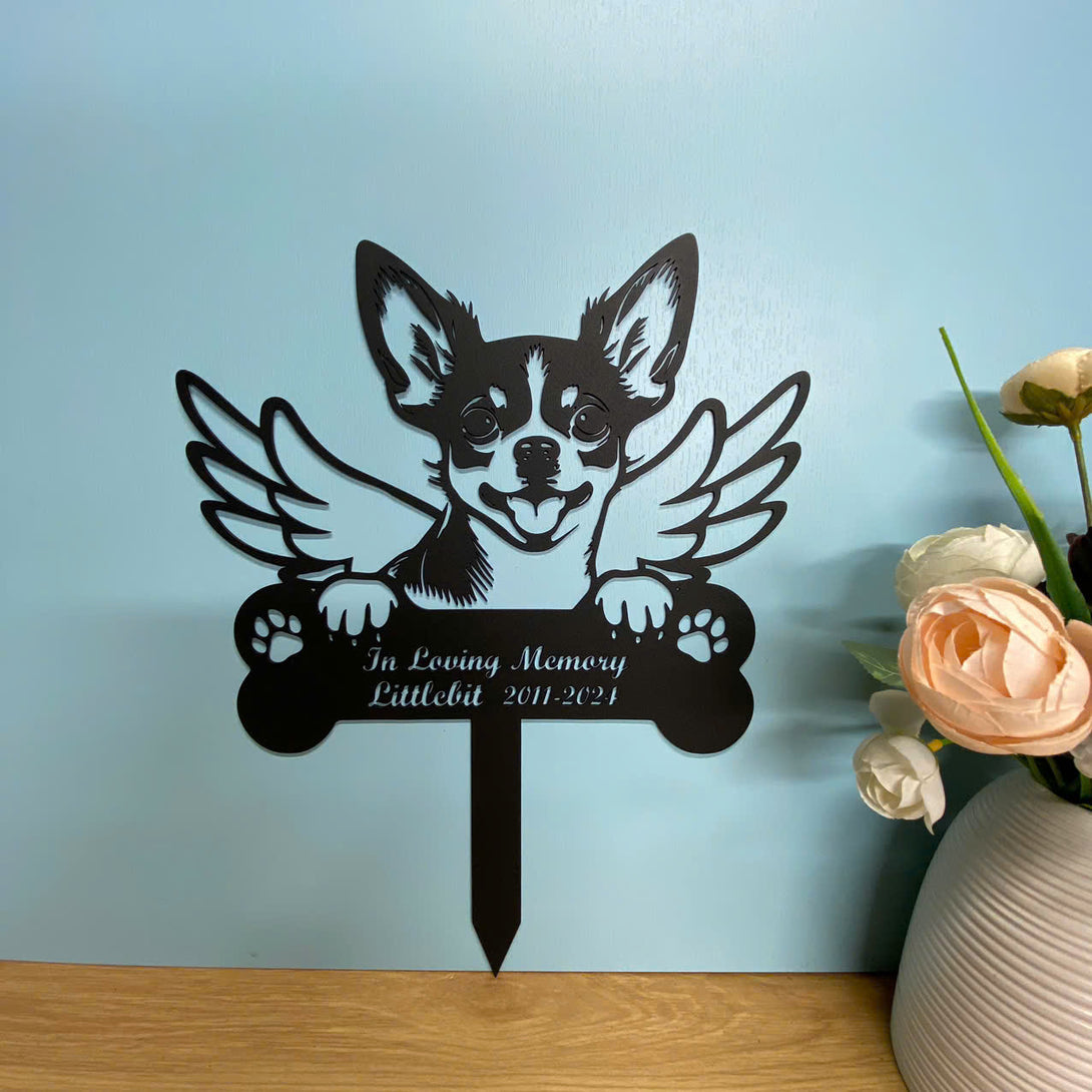 Custom Chihuahua Dog Memorial Garden Stake, Chihuahua Dog With Wings Metal Yard Sign, In Loving Memory Dog Metal Grave Marker, Pet Loss Sympathy Stake