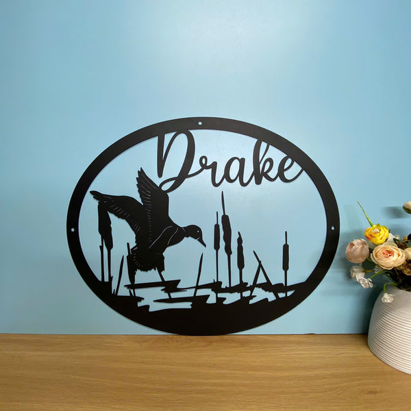 Personalized Flying Duck With Cattail Metal Wall Art, Custom Mallard Duck Hunting Metal Art, Duck Hunting Metal Sign, Hunting Lodge Cabin Metal Decor