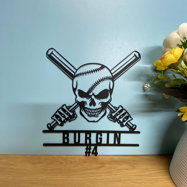 Custom Baseball Skull With Crossed Bats Metal Wall Art, Personalized Softball Skull Metal Name Sign, Skull Baseball Metal Wall Hanging Decor