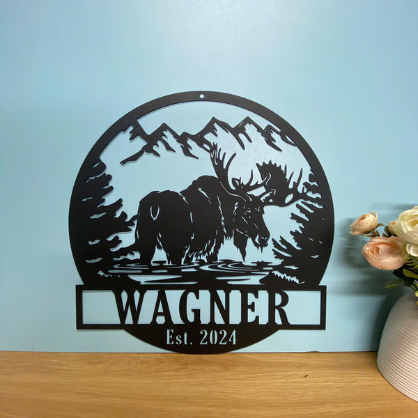 Custom Forest Mountain Moose Metal Wall Art, Personalized Wild Moose Hunter Metal Name Sign, Mountain Moose Cabin Lodge Man Cave Metal Sign