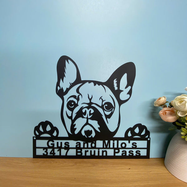 Personalized French Bulldog Peeking Dog Metal Sign Art, Custom Frenchie Dog Name Metal Wall Hanging Sign, Pet House Sign Front Porch Metal Wall Decor