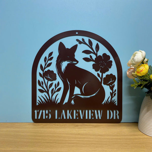 Custom Wild Fox With Flowers Metal Sign, Personalized Fox Address Metal Wall Art, Fox Cabin House Metal Wall Hanging, Fox Monogram Cut Metal Sign