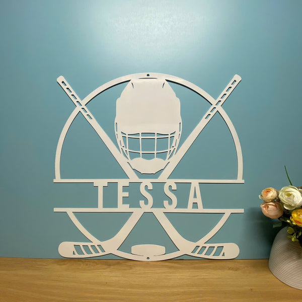 Custom Hockey Sticks & Helmet Metal Wall Art, Personalized Ice Hockey Players Metal Name Sign, Hockey Lover Gift, Hockey Sports Metal Wall Sign Decor