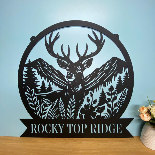 Custom Wildlife Mountain Deer Metal Sign, Personalized Family Name Forest Deer Metal Art, Deer Hunting Metal Cabin Sign, Mountain Deer Metal Farm Sign