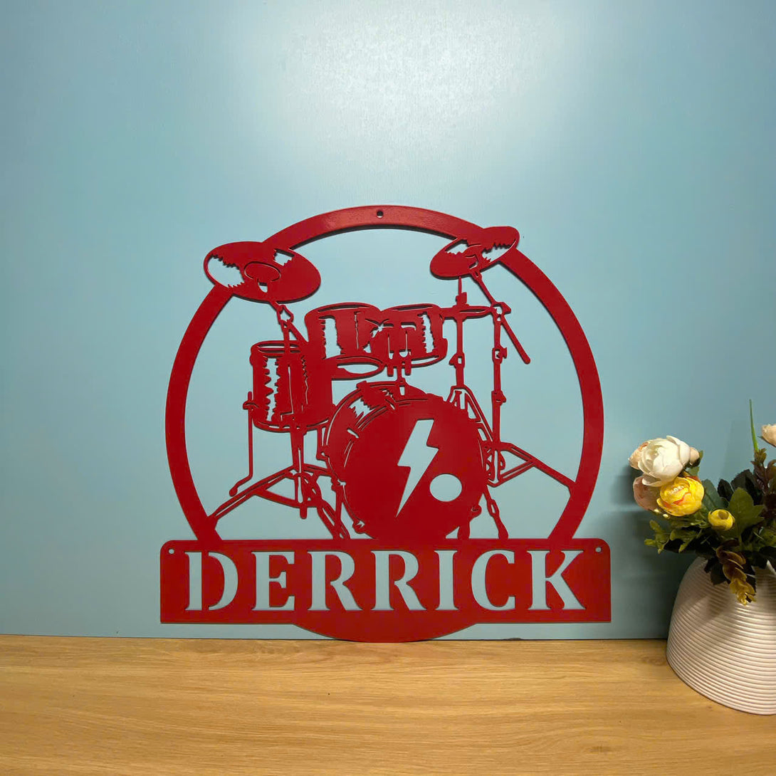 Personalized Drum Set Metal Sign Art, Custom Drummer Metal Name Sign, Drums Rock Music Band Studio Metal Wall Sign, Drum Set Metal Wall Hanging Sign