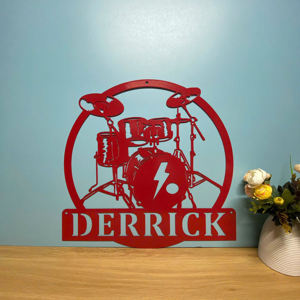 Personalized Drum Set Metal Sign Art, Custom Drummer Metal Name Sign, Drums Rock Music Band Studio Metal Wall Sign, Drum Set Metal Wall Hanging Sign