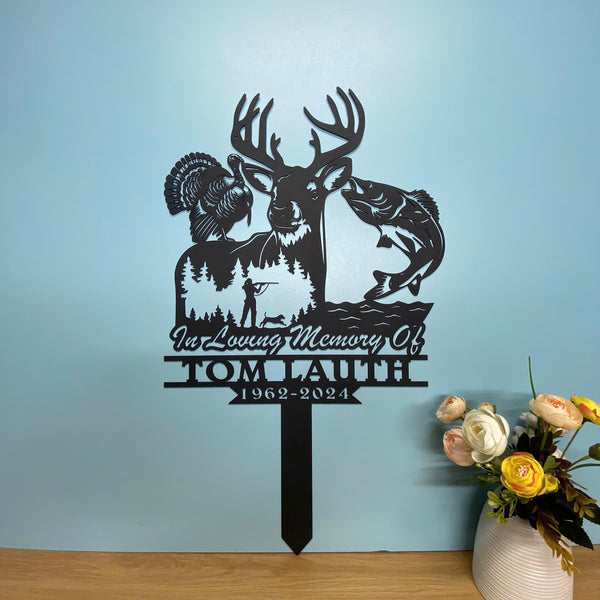Custom Hunter Memorial Metal Garden Stake, Personalized Hunter Metal Grave Marker, Deer Turkey Fish Hunter Remembrance Sign, Hunter Loss Metal Stake