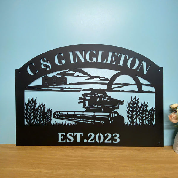 Custom Wheat Farm With Grain Harvester Metal Sign, Metal Combine Harvester Sign, Personalized Farmhouse Metal Sign,farm Tractor Cabin Farm Metal Decor