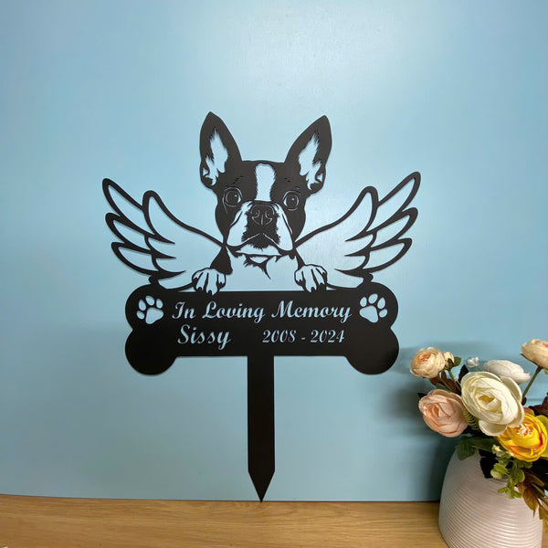 Personalized Boston Terrier Memorial Metal Stake, Dog With Angel Wings Metal Garden Sign, Dog Metal Yard Sign, Dog Grave Marker, Pet Remembrance Stake