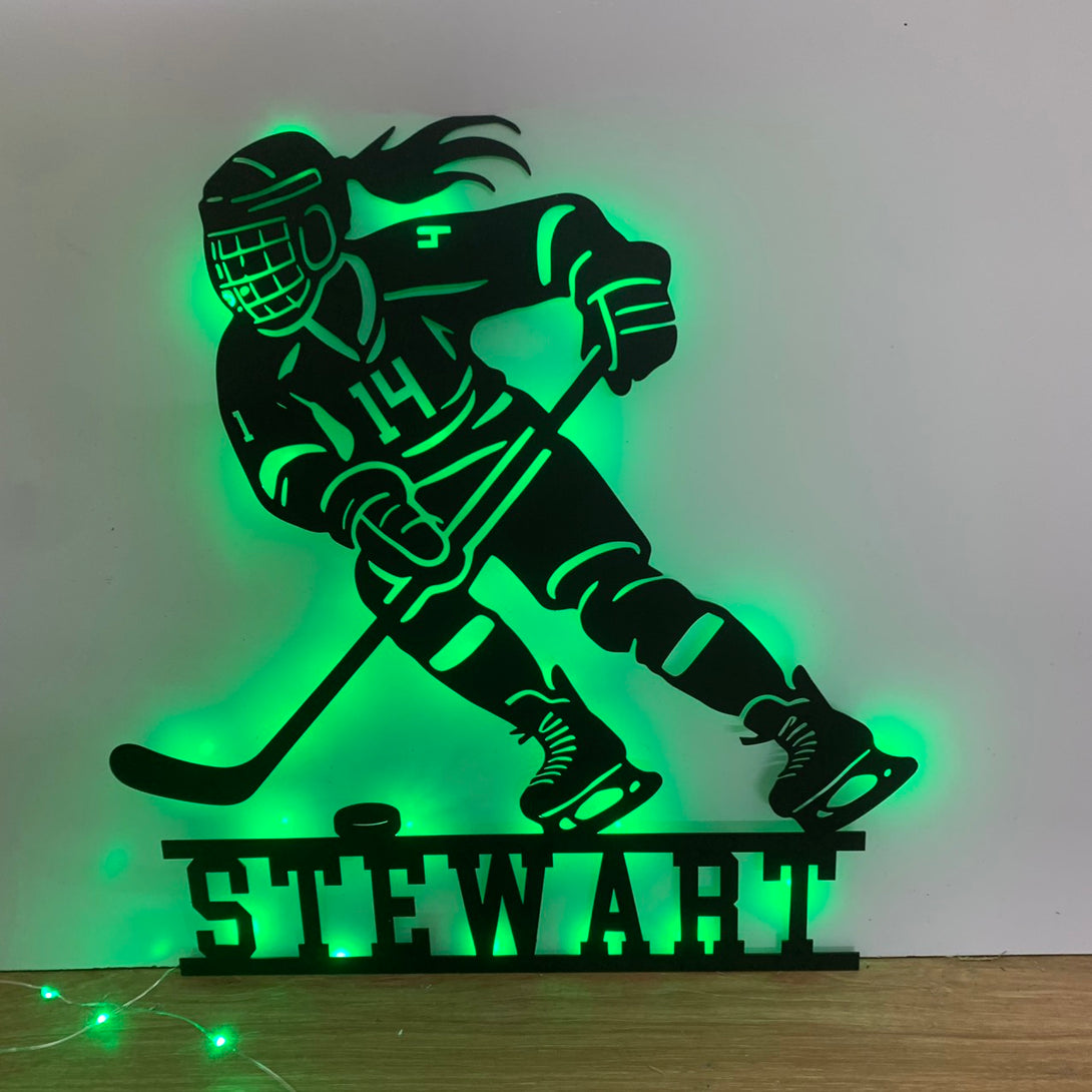 Custom Female Hockey Metal Wall Art With Led Lights, Personalized Female Hockey Player Metal Name Sign, Ice Hockey Jersey Metal Wall Led Sign