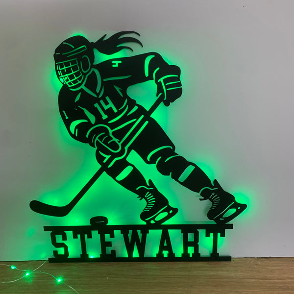 Custom Female Hockey Metal Wall Art With Led Lights, Personalized Female Hockey Player Metal Name Sign, Ice Hockey Jersey Metal Wall Led Sign