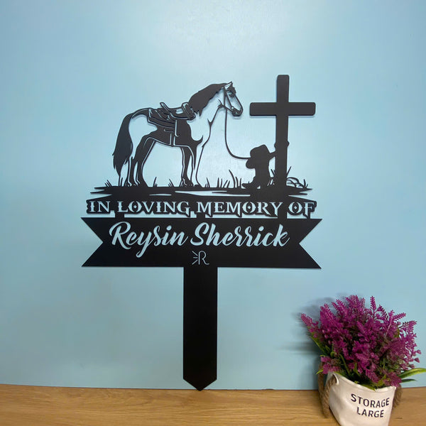 Custom Cowboy Memorial Metal Garden Stake, Memorial Cowboy With Horse Cross Yard Sign, Cowboy Loss Sympathy Sign, Country Western Theme Grave Plaque